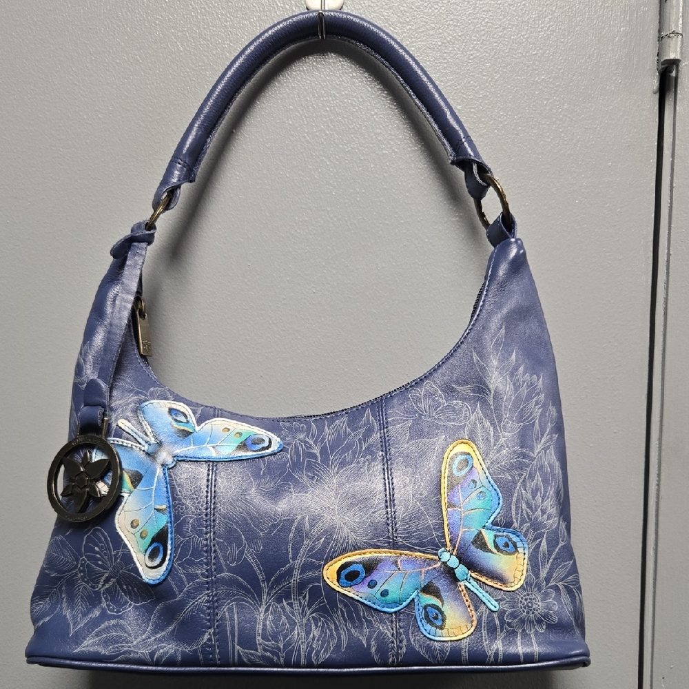 Anuschka Blue Butterfly Embellished Leather Women's Bag